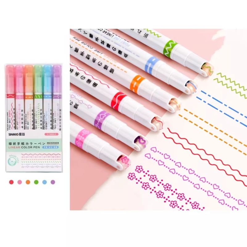 6 Roller Dual Tip Double Side Fine Line Colored Curve Pens Images
