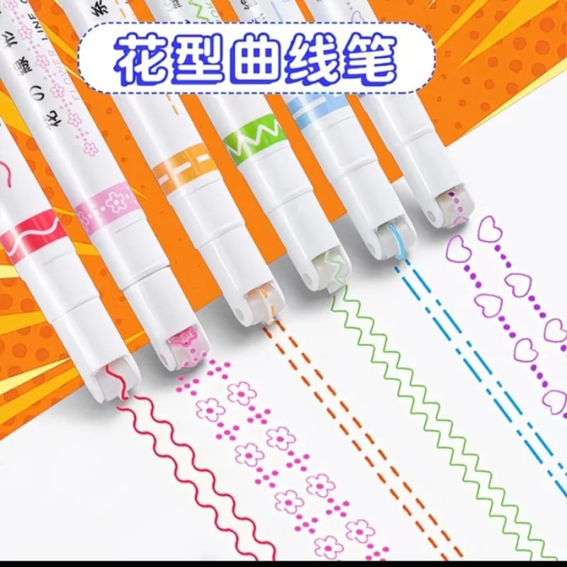 6 Roller Dual Tip Double Side Fine Line Colored Curve Pens Images