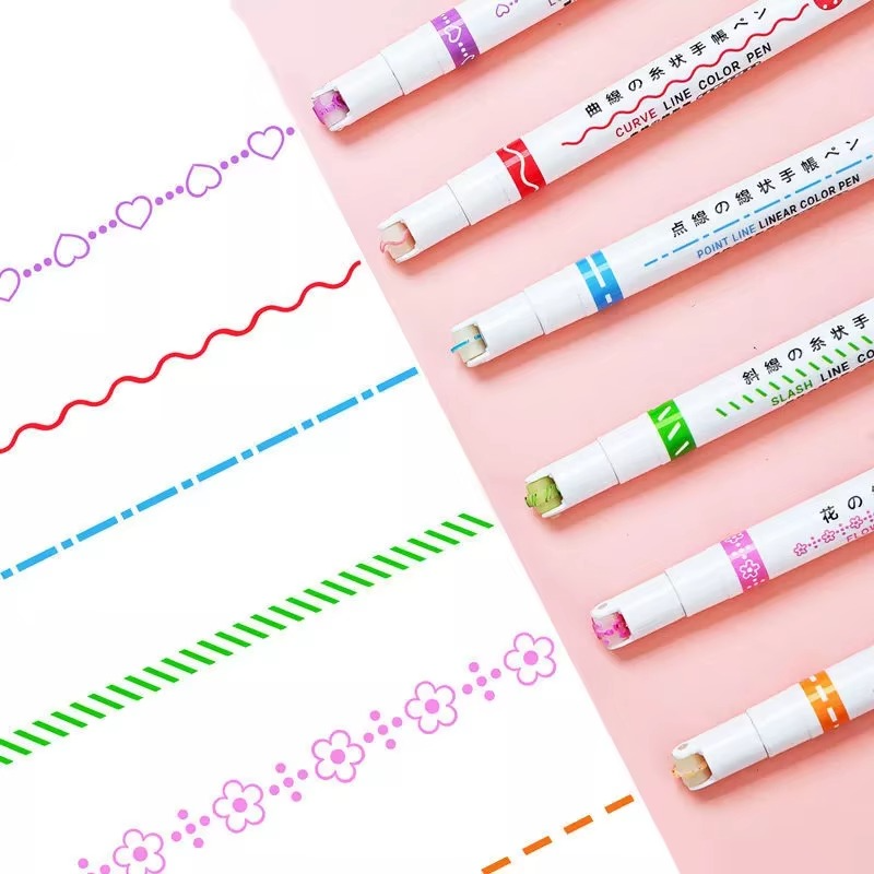 6 Roller Dual Tip Double Side Fine Line Colored Curve Pens Images